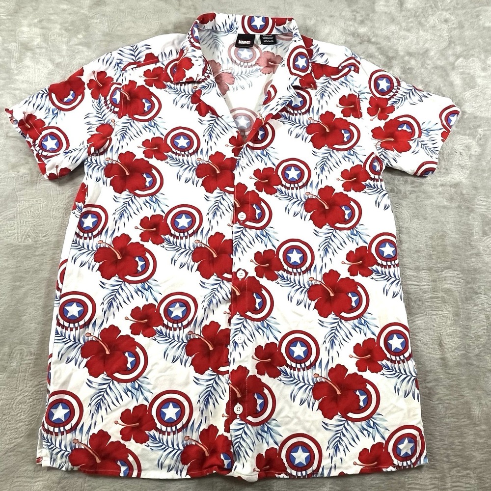 Marvel Captain America Palm‎ Leaves Short Sleeve Camp Button Up Shirt Med